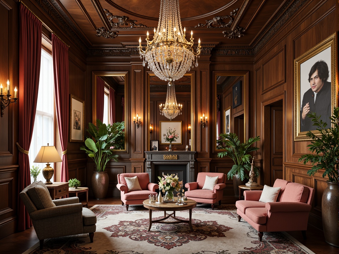 Prompt: Luxurious interior space, ornate furnishings, intricate carvings, lavish fabrics, metallic accents, crystal chandeliers, marble countertops, patterned rugs, statement walls, eclectic artwork, gilded frames, opulent drapery, rich wood tones, sophisticated color palette, ambient warm lighting, shallow depth of field, 1/1 composition, realistic textures, subtle reflections.