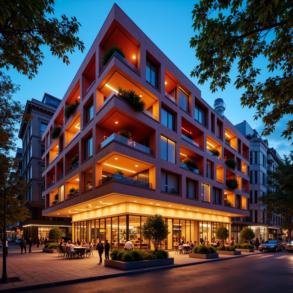 Prompt: Vibrant restaurant facade, expressionist architecture, bold geometric shapes, bright primary colors, abstract patterns, irregular forms, dynamic lighting effects, neon signs, metallic accents, industrial materials, exposed ductwork, urban cityscape, bustling streets, evening atmosphere, warm golden lighting, shallow depth of field, 1/1 composition, dramatic shadows, high-contrast textures.