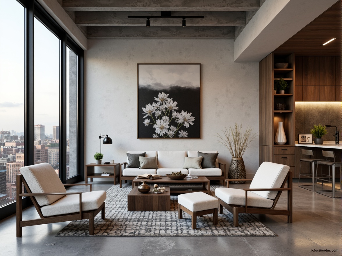 Prompt: Minimalist living room, sleek low-profile furniture, polished concrete floors, industrial chic decor, floor-to-ceiling windows, natural light pouring in, urban loft atmosphere, modern abstract artwork, geometric patterned rugs, metallic accents, hidden LED lighting, 3D textured walls, futuristic smart home devices, cozy reading nooks, plush velvet sofas, rich wood tones, atmospheric misting system, shallow depth of field, 1/1 composition, realistic reflections.