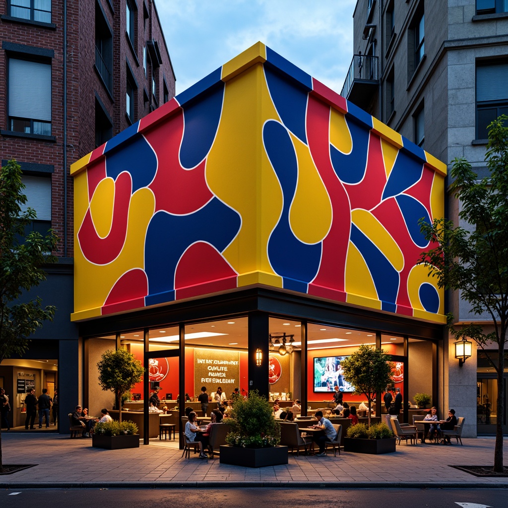 Prompt: Vibrant restaurant facade, expressionist architecture, bold geometric shapes, bright primary colors, abstract patterns, irregular forms, dynamic lighting effects, neon signs, metallic accents, industrial materials, exposed ductwork, urban cityscape, bustling streets, evening atmosphere, warm golden lighting, shallow depth of field, 1/1 composition, dramatic shadows, high-contrast textures.