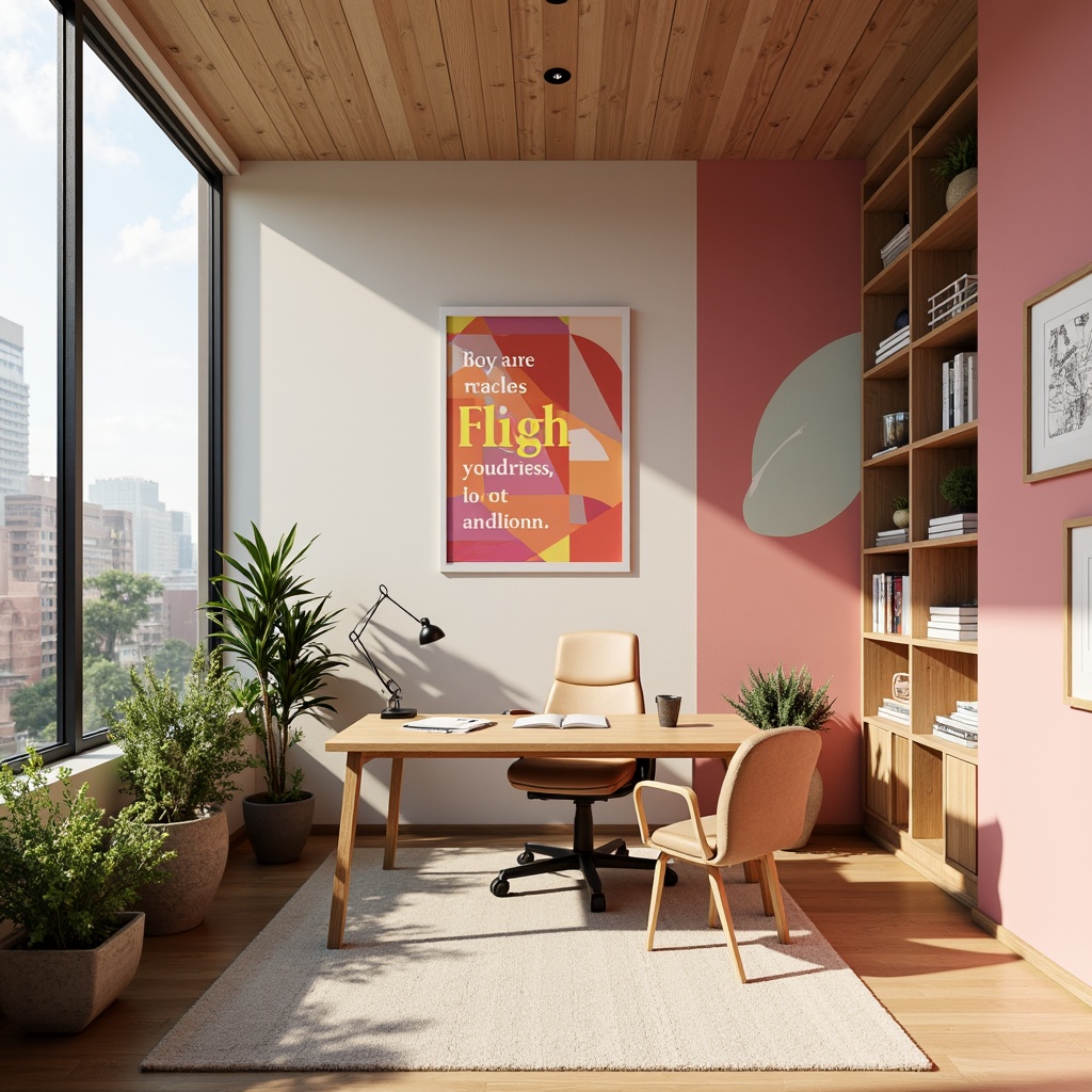 Prompt: Vibrant design studio, modern minimalist interior, sleek wooden desk, ergonomic chair, colorful artwork, inspirational quotes, natural light pouring in, large windows, urban cityscape view, warm beige walls, rich brown furniture, pastel pink accents, creamy white textures, bold typography, geometric patterns, subtle gradient effects, soft focus, shallow depth of field, 1/1 composition, realistic rendering, ambient occlusion.