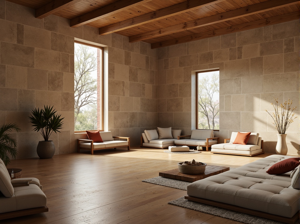 Prompt: Minimalist monastery interior, serene atmosphere, natural stone walls, wooden accents, sleek modern furniture, streamlined decor, calming color palette, soft warm lighting, subtle textures, ambient occlusion, 3/4 composition, shallow depth of field, panoramic view, realistic renderings, peaceful ambiance, quiet contemplation areas, cozy reading nooks, simple yet elegant design elements, subtle spiritual symbols, natural material integration.