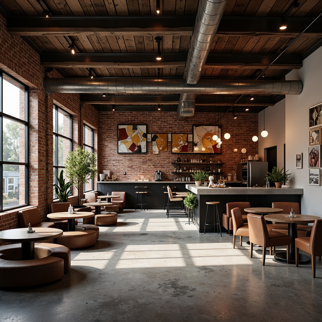 Prompt: Rustic industrial coffee shop, exposed brick walls, polished concrete floors, reclaimed wood accents, metallic beams, distressed leather furniture, Edison bulb lighting, abstract geometric patterns, fragmented mirrors, irregular shapes, bold color contrasts, rough-hewn stone countertops, poured concrete tables, minimalist decor, urban loft atmosphere, natural light pouring in, high ceilings, dramatic shadows, 1/1 composition, moody warm lighting, realistic textures.