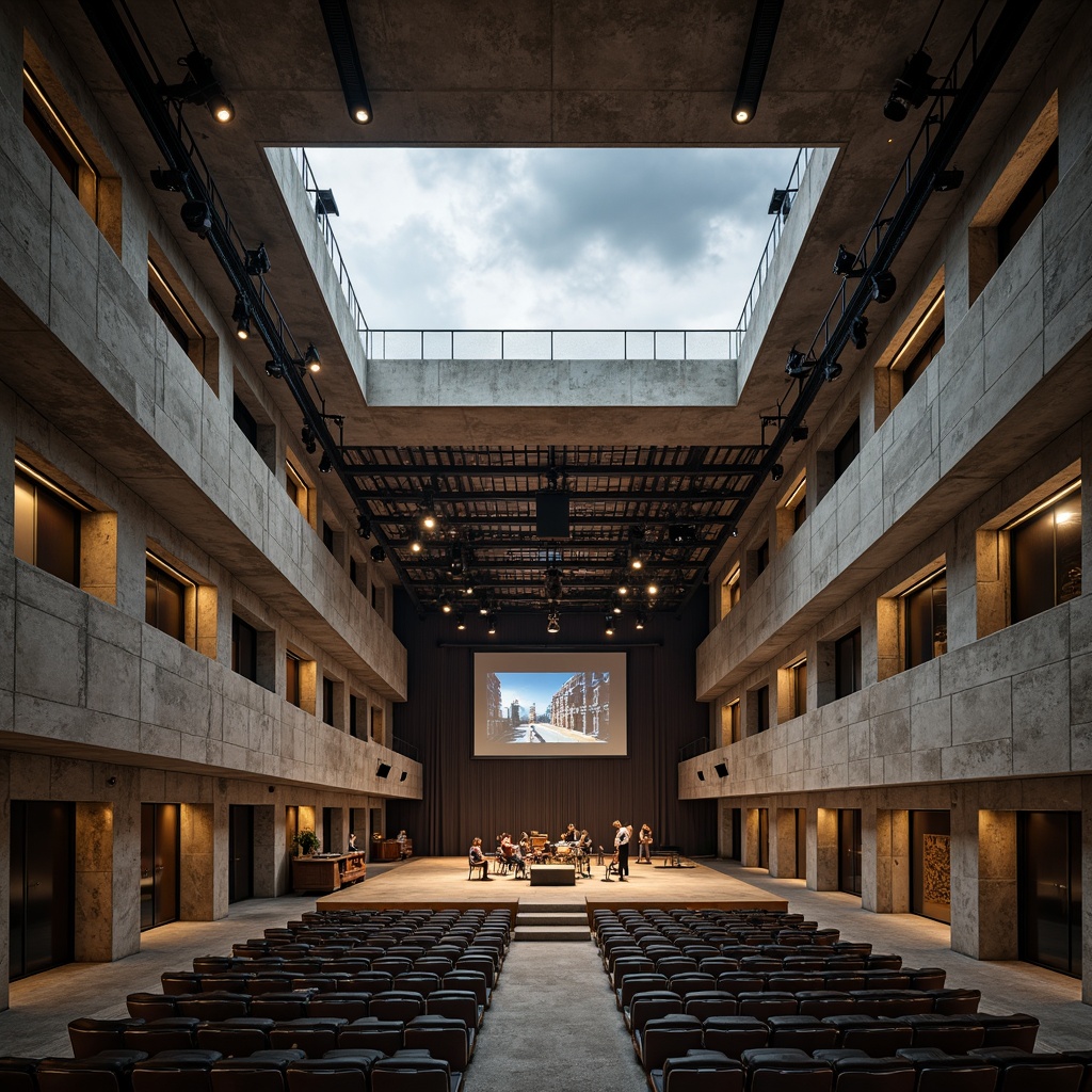 Prompt: Rugged brutalist concert hall, exposed concrete walls, industrial metal beams, minimalist seating, avant-garde stage design, dramatic spotlights, resonant sound reflections, acoustic panels, diffused sound waves, intimate performance spaces, natural stone flooring, raw unfinished textures, bold geometric shapes, urban cityscape views, cloudy grey skies, soft warm lighting, shallow depth of field, 1/1 composition, realistic material renderings, ambient occlusion.