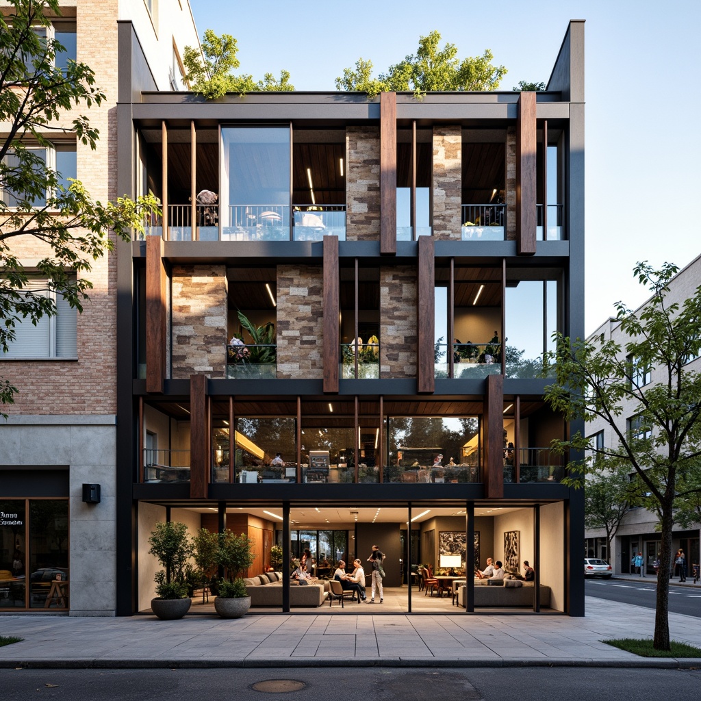 Prompt: Deconstructed coffee shop facade, irregular shapes, fragmented forms, distressed textures, industrial materials, exposed ductwork, metal beams, reclaimed wood accents, abstract patterns, bold color contrasts, urban cityscape, busy street scene, morning sunlight, soft warm lighting, shallow depth of field, 1/1 composition, realistic render, ambient occlusion.