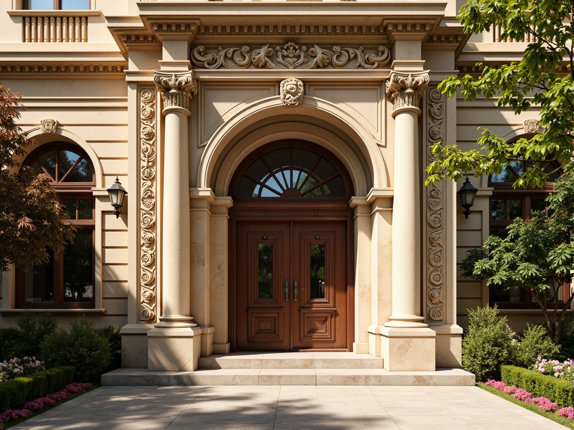 Prompt: Ornate bank facade, grandiose entrance, intricately carved stonework, ornamental columns, sweeping arches, rusticated base, decorative cornices, classical pediments, richly textured stone walls, warm beige color palette, subtle golden accents, elegant lanterns, refined metalwork, lush greenery, blooming flowers, sunny day, soft warm lighting, shallow depth of field, 3/4 composition, realistic textures, ambient occlusion.