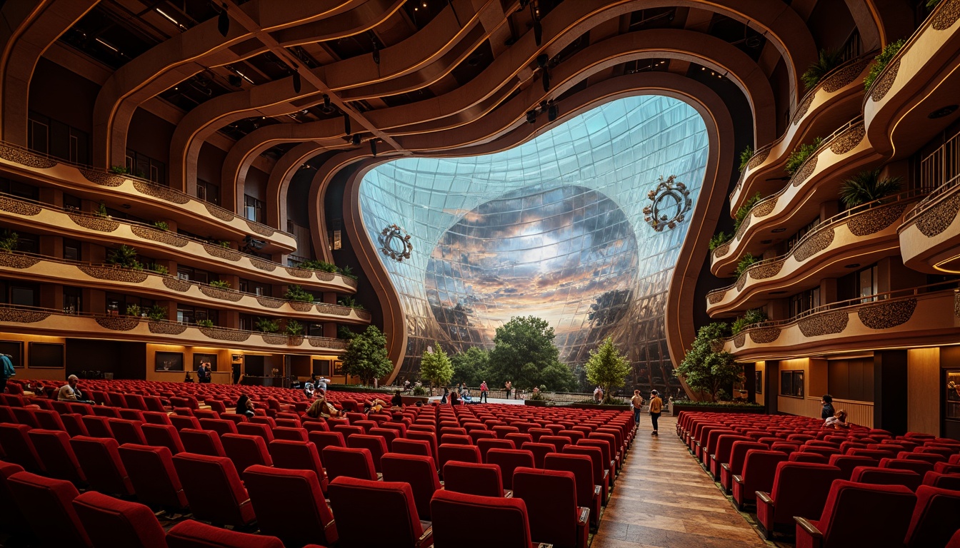 Prompt: Curved blob-like theater building, futuristic architecture, iridescent glass fa\u00e7ade, undulating walls, immersive audio experience, surround sound system, acoustic panels, sound-absorbing materials, plush red seats, ornate golden balconies, dramatic spotlights, soft warm lighting, shallow depth of field, 3/4 composition, panoramic view, realistic textures, ambient occlusion.