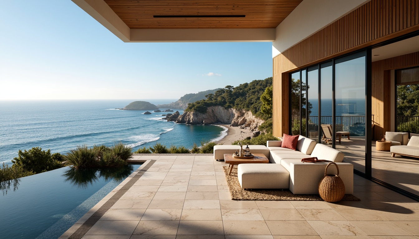 Prompt: Panoramic ocean views, south-facing orientation, floor-to-ceiling windows, sliding glass doors, open-plan living areas, minimalist interior design, natural stone flooring, wooden accents, abundant sunlight, warm ambient lighting, shallow depth of field, 3/4 composition, realistic textures, ambient occlusion, coastal landscape, sandy beaches, rocky shores, dramatic cliffside settings, serene atmosphere, gentle sea breeze.