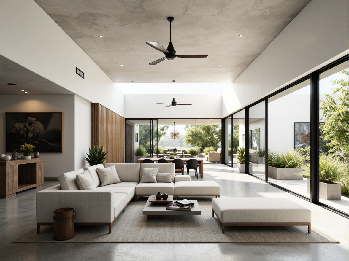 Prompt: Minimalist home interior, open-plan living space, sleek lines, monochromatic color scheme, natural light pouring in, floor-to-ceiling windows, sliding glass doors, polished concrete floors, minimalist furniture, low-profile sofas, geometric coffee tables, industrial-chic lighting fixtures, greenery accents, potted plants, airy atmosphere, shallow depth of field, 1/1 composition, soft warm lighting, realistic textures, ambient occlusion.