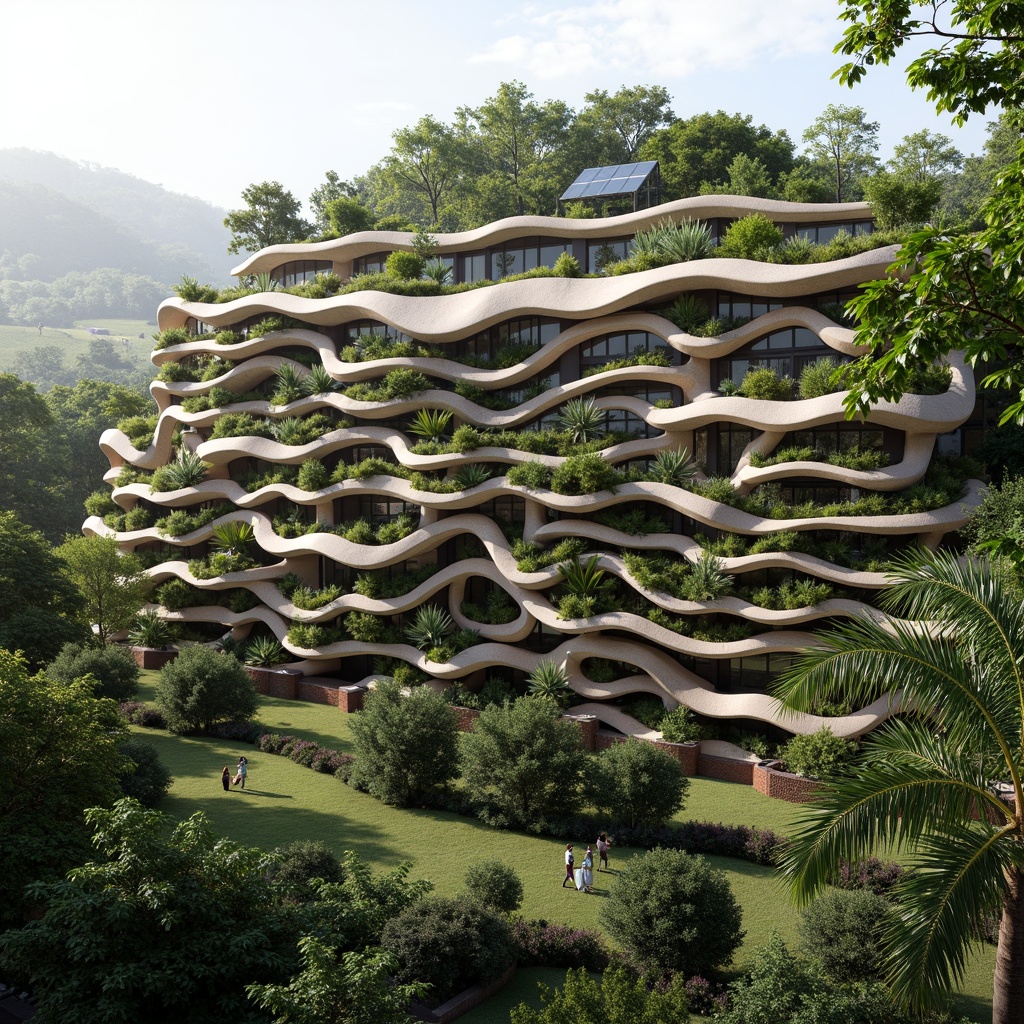 Prompt: Organic building facade, wavy lines, natural stone cladding, green walls, living roofs, botanical patterns, earthy tones, curved shapes, biomimetic architecture, sustainable materials, energy-efficient systems, rainwater harvesting, solar panels, wind turbines, lush vegetation, tropical plants, misty atmosphere, soft diffused lighting, shallow depth of field, 1/1 composition, realistic textures, ambient occlusion.