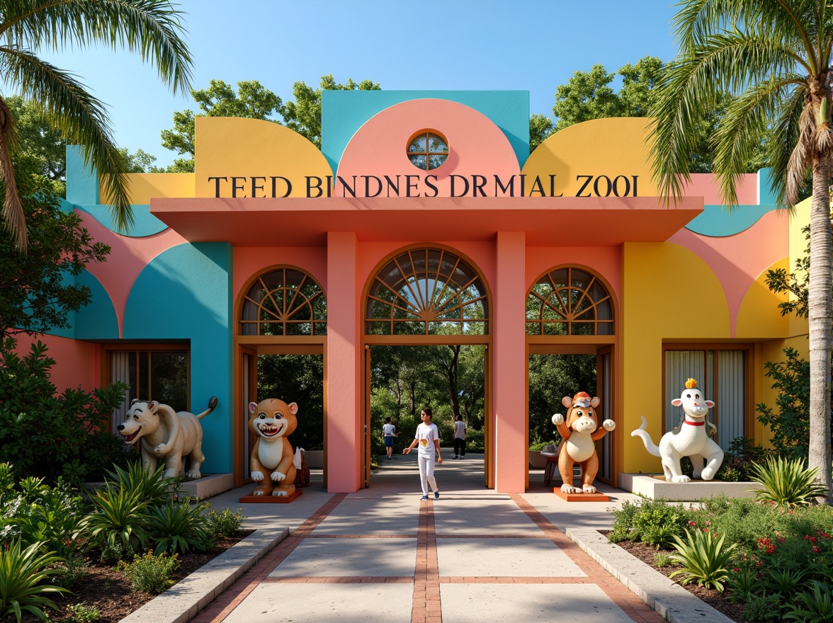 Prompt: Vibrant zoo entrance, constructivist architecture, bold geometric shapes, bright primary colors, playful animal sculptures, intricate metalwork, natural stone walls, lush greenery, tropical plants, exotic flowers, sunny day, warm soft lighting, shallow depth of field, 3/4 composition, panoramic view, realistic textures, ambient occlusion.