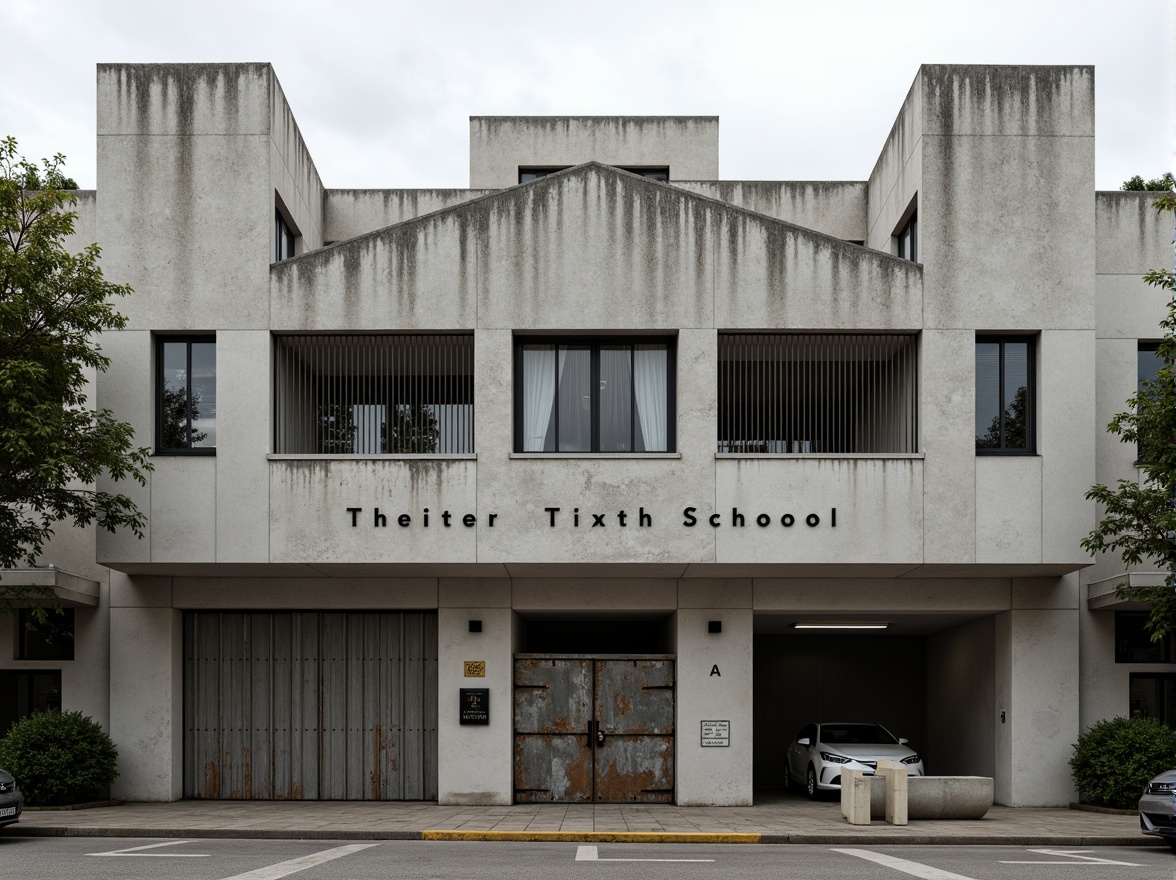 Prompt: Rugged elementary school facade, brutalist architecture, raw concrete walls, fortress-like structure, asymmetrical composition, bold geometric shapes, industrial-style windows, metal grilles, weathered steel doors, urban landscape, cityscape background, overcast sky, dramatic shadows, high-contrast lighting, 1/2 composition, close-up shot, realistic textures, ambient occlusion.