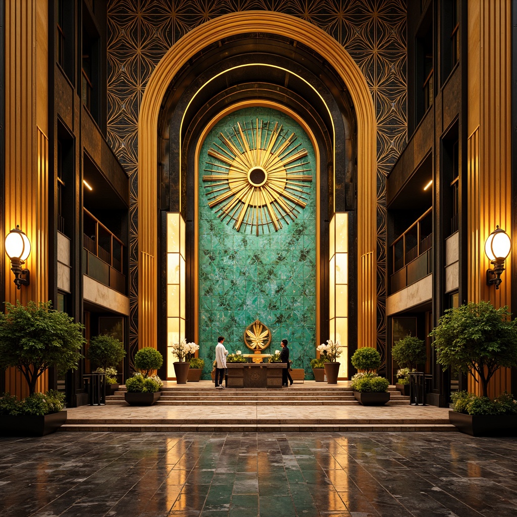 Prompt: Opulent Art Deco monument, lavish golden accents, rich bronze tones, vibrant turquoise mosaics, geometric patterns, ornate metalwork, luxurious marble surfaces, bold black outlines, stylized floral motifs, sunburst designs, zigzag patterns, metallic sheen, warm ambient lighting, shallow depth of field, 1/1 composition, symmetrical framing, high-contrast colors, intricate textures, realistic reflections.