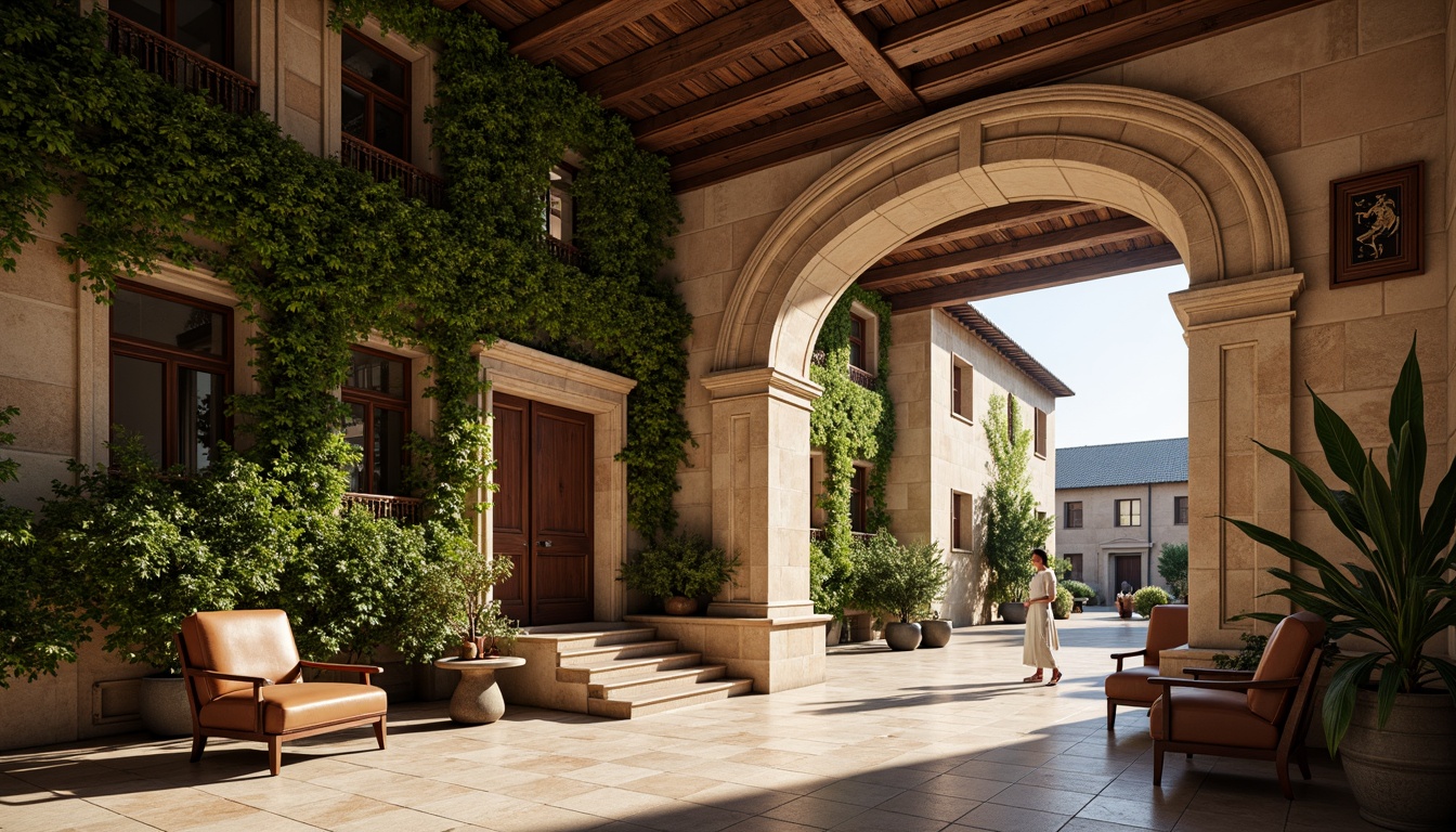 Prompt: Traditional university buildings, ivy-covered walls, ornate stone carvings, rich wood tones, warm beige stucco, classic columns, elegant archways, sophisticated neutral colors, earthy brown furniture, vintage leather-bound books, subtle golden accents, soft natural lighting, shallow depth of field, 1/1 composition, realistic textures, ambient occlusion.