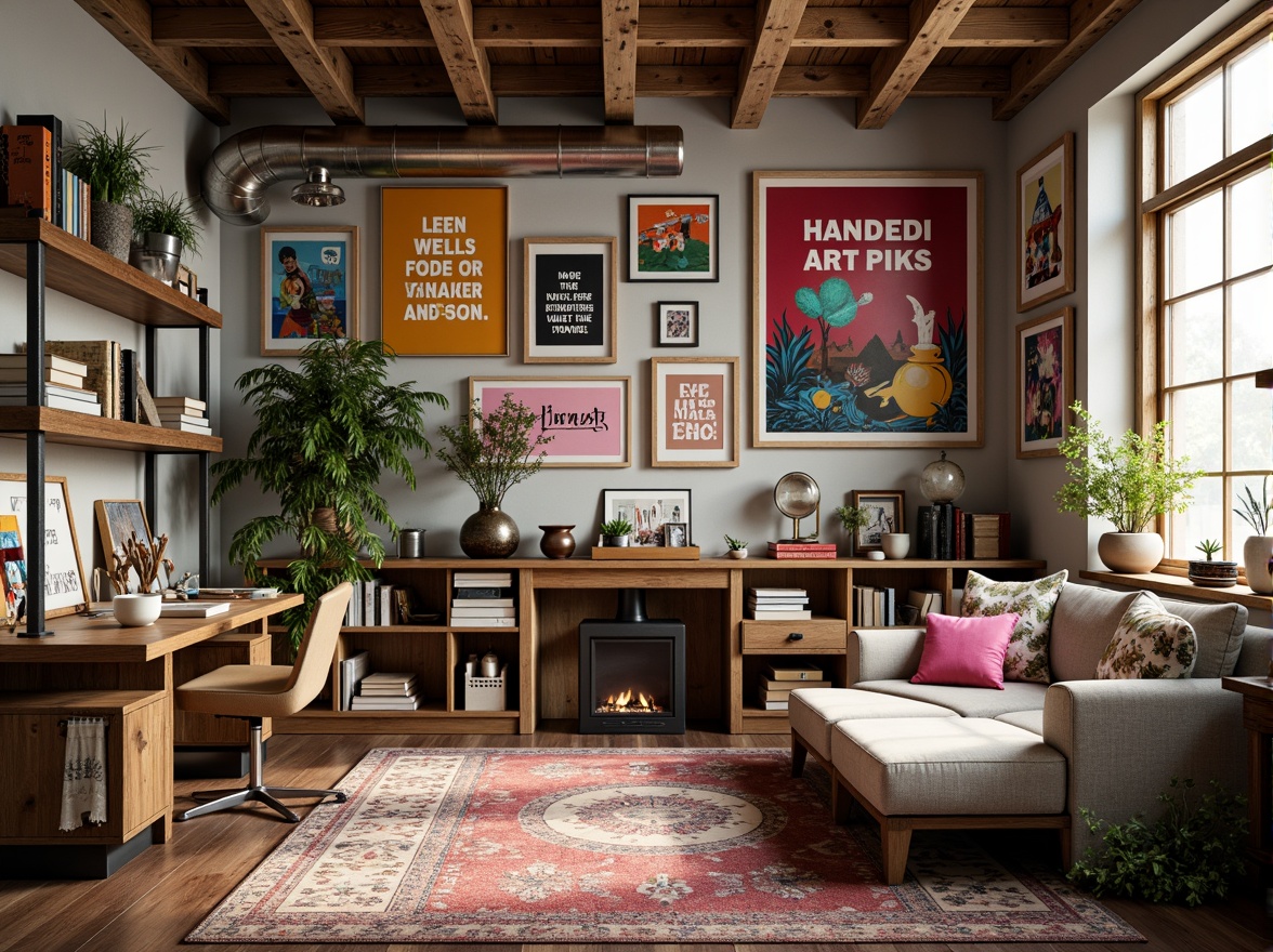 Prompt: Vibrant artistic studio, eclectic furniture, bold color blocks, abstract artwork, inspirational quotes, natural wood accents, industrial metal shelves, cozy reading nook, warm task lighting, rich textiles, bohemian patterns, earthy tones, pastel hues, metallic finishes, soft brushstrokes, whimsical illustrations, 3D geometric shapes, atmospheric mist, shallow depth of field, 1/1 composition, realistic textures, ambient occlusion.