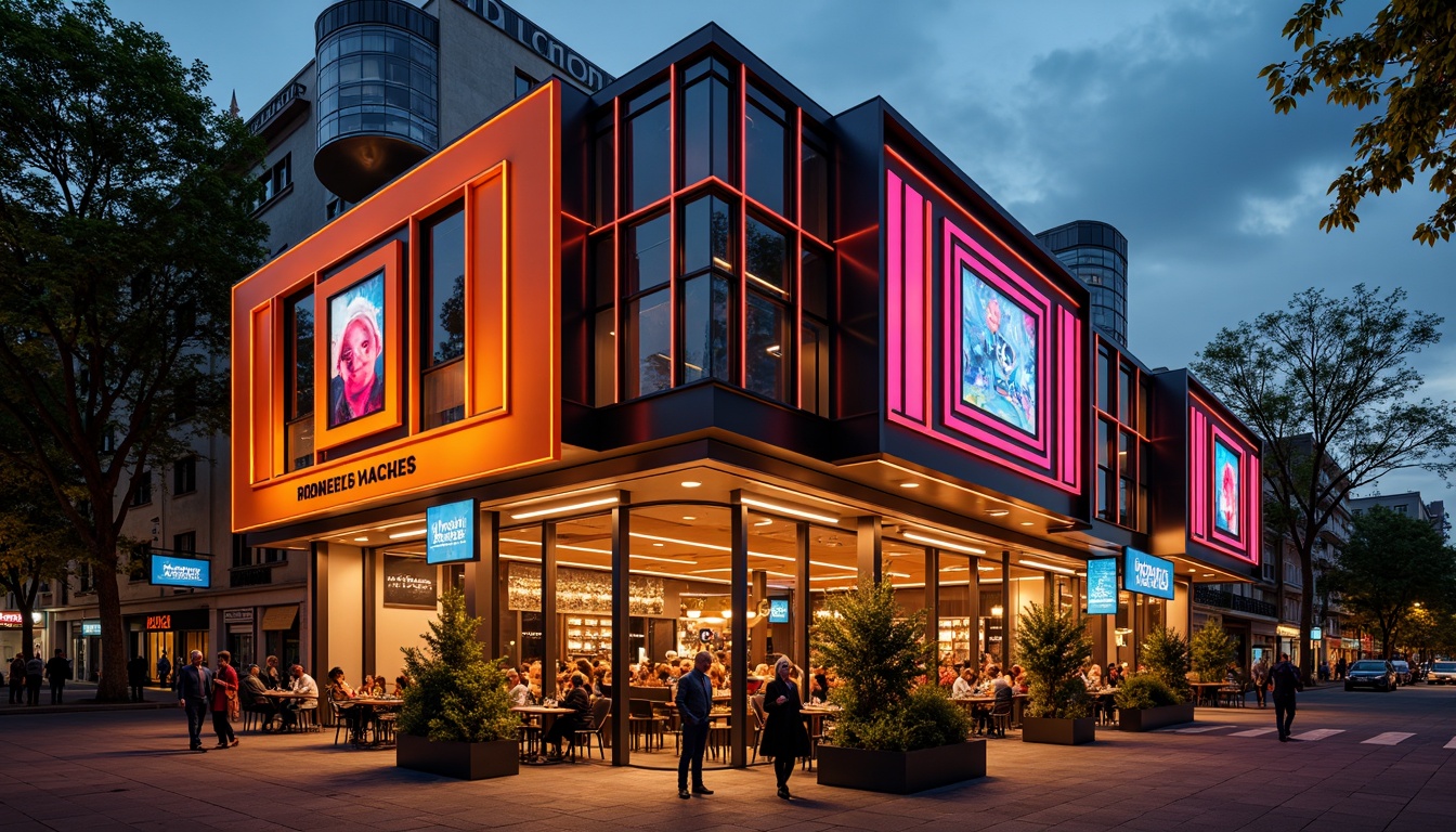 Prompt: Vibrant restaurant facade, expressionist architecture, bold geometric shapes, bright primary colors, abstract patterns, irregular forms, dynamic lighting effects, neon signs, metallic accents, industrial materials, exposed ductwork, urban cityscape, bustling streets, evening atmosphere, warm golden lighting, shallow depth of field, 1/1 composition, dramatic shadows, high-contrast textures.