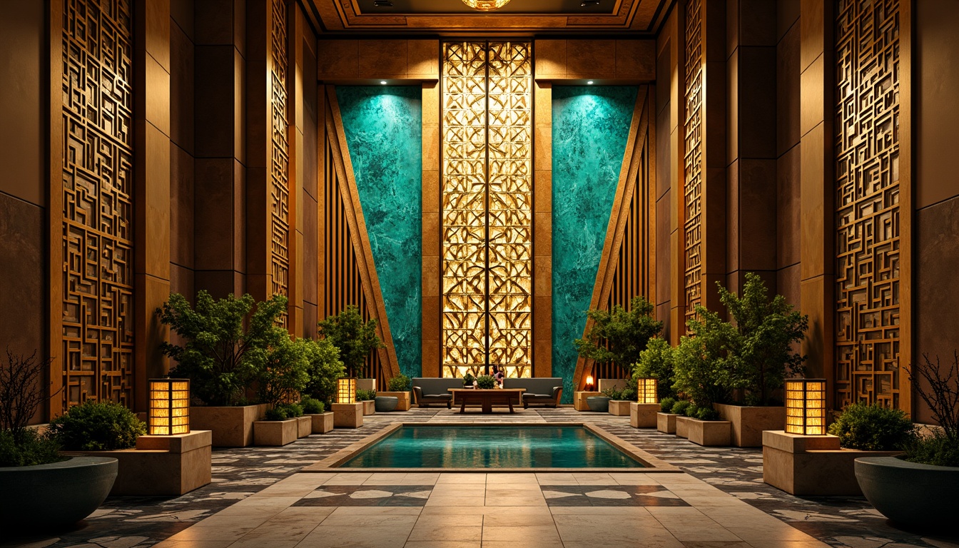 Prompt: Opulent Art Deco monument, lavish golden accents, rich bronze tones, vibrant turquoise mosaics, geometric patterns, ornate metalwork, luxurious marble surfaces, bold black outlines, stylized floral motifs, sunburst designs, zigzag patterns, metallic sheen, warm ambient lighting, shallow depth of field, 1/1 composition, symmetrical framing, high-contrast colors, intricate textures, realistic reflections.