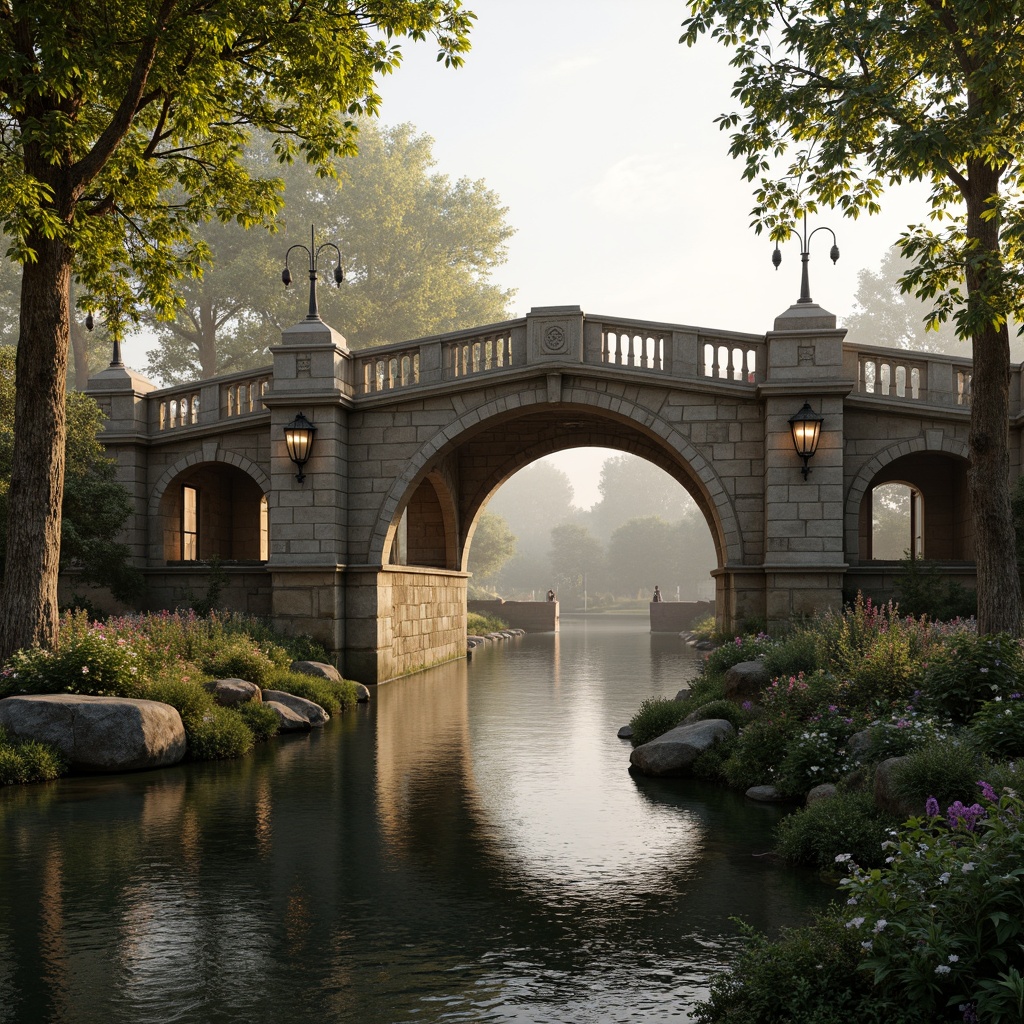 Prompt: Ancient stone bridges, ornate balustrades, rustic arches, weathered stonework, moss-covered piers, tranquil water reflections, serene riverbanks, lush greenery, vibrant flowers, historic lamp posts, decorative ironwork, grandiose entranceways, symmetrical composition, warm golden lighting, soft misty atmosphere, 1/2 composition, realistic textures, ambient occlusion.