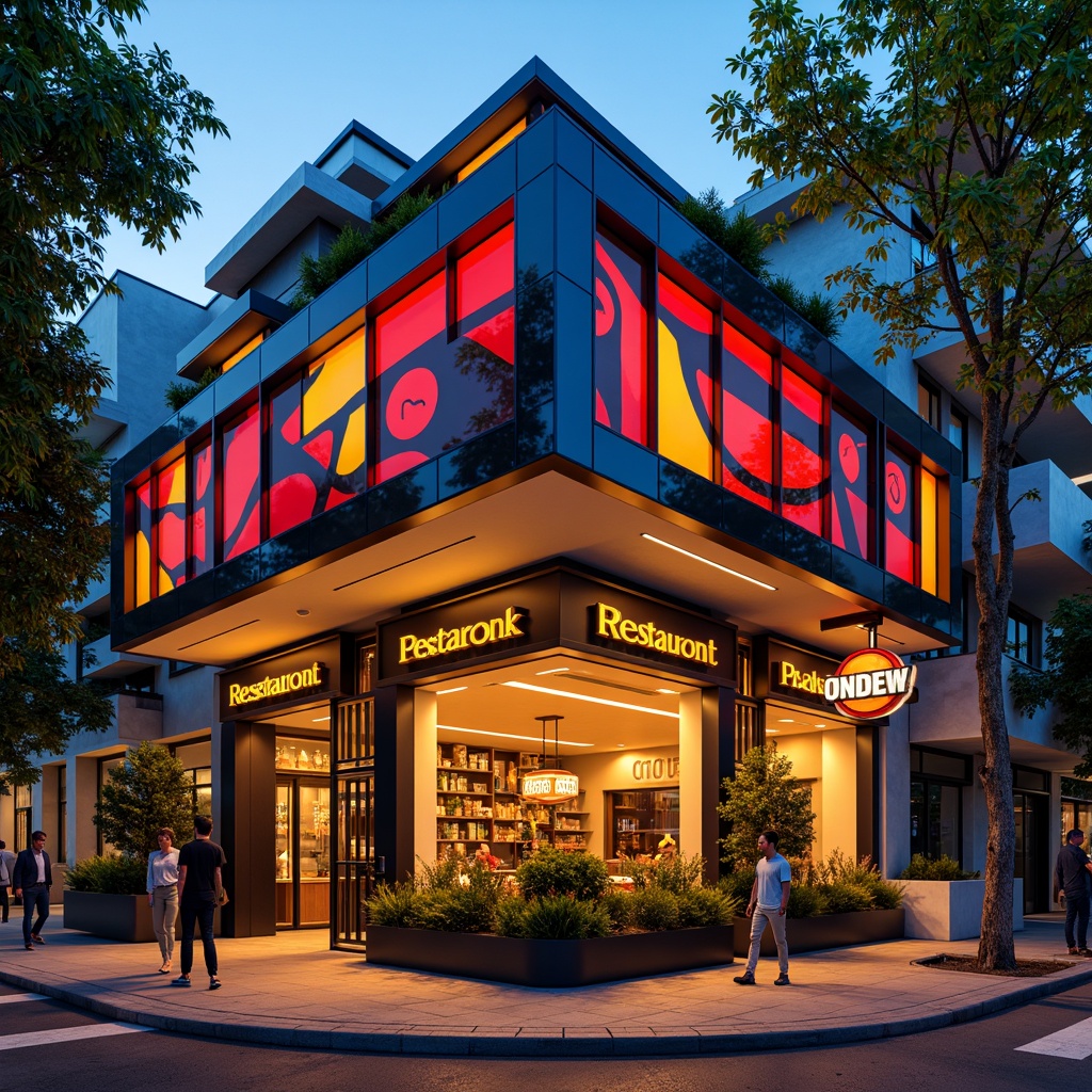 Prompt: Vibrant restaurant facade, expressionist architecture, bold geometric shapes, bright primary colors, abstract patterns, irregular forms, dynamic lighting effects, neon signs, metallic accents, industrial materials, exposed ductwork, urban cityscape, bustling streets, evening atmosphere, warm golden lighting, shallow depth of field, 1/1 composition, dramatic shadows, high-contrast textures.