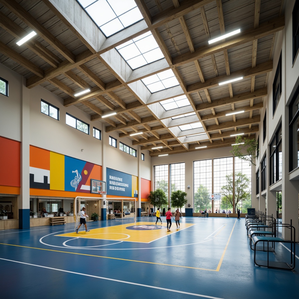 Prompt: Modern gymnasium interior, high ceilings, natural ventilation, clerestory windows, solar tubes, energy-efficient LED lighting, recycled rubber flooring, eco-friendly paint, sustainable materials, minimalist design, open spaces, athletic equipment, basketball courts, volleyball nets, exercise machines, mirrored walls, motivational quotes, bright color schemes, soft warm lighting, shallow depth of field, 3/4 composition, panoramic view, realistic textures, ambient occlusion.