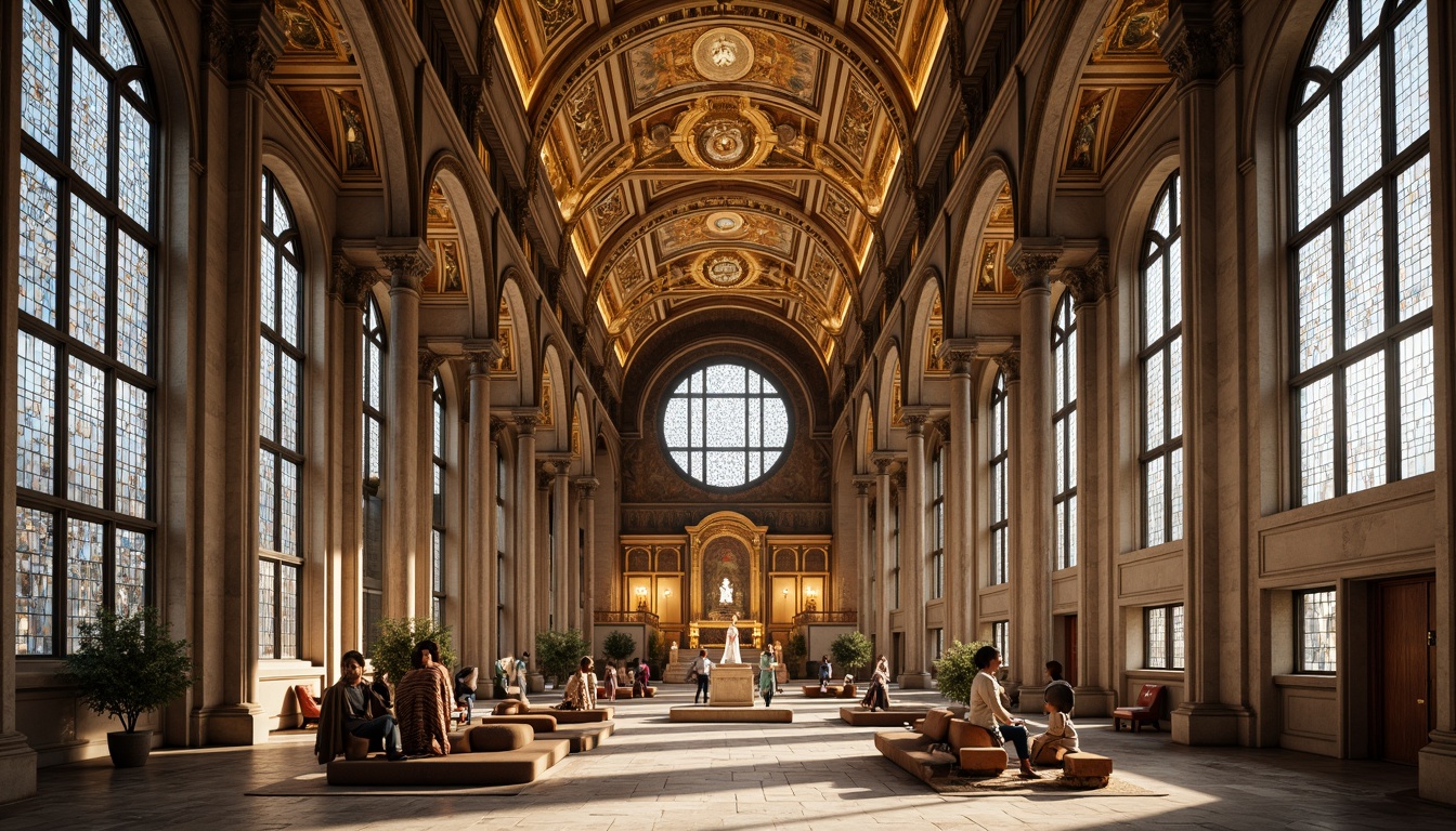 Prompt: Grand cathedral, symmetrical facade, ornate stone carvings, stained glass windows, vaulted ceilings, intricate mosaics, golden domes, classical columns, arches, pediments, grand entrance, marble floors, solemn atmosphere, soft warm lighting, shallow depth of field, 1/1 composition, central perspective, realistic textures, ambient occlusion.