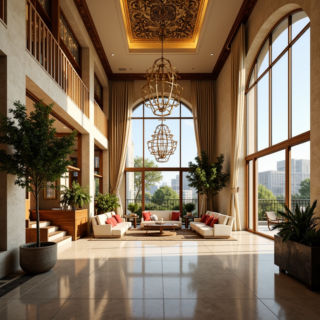 Prompt: Art Deco mansion, ornate metalwork, geometric patterns, luxurious furnishings, high ceilings, large windows, sliding glass doors, sunlit rooms, bright airy atmosphere, natural light pouring in, warm beige tones, creamy whites, rich wood accents, metallic finishes, lavish chandeliers, grand staircases, opulent textiles, vibrant colors, 1/1 composition, softbox lighting, shallow depth of field, realistic reflections.