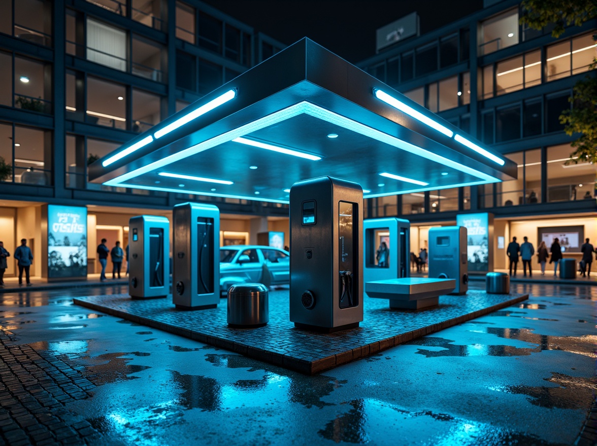 Prompt: Futuristic charging station, metallic surfaces, neon-lit accents, dynamic LED lights, sleek angular lines, modern minimalist design, urban cityscape, concrete pavement, steel beams, industrial chic aesthetic, distressed metal textures, glossy paint finishes, vibrant electric blue hues, warm ambient lighting, shallow depth of field, 3/4 composition, panoramic view, realistic reflections, ambient occlusion.