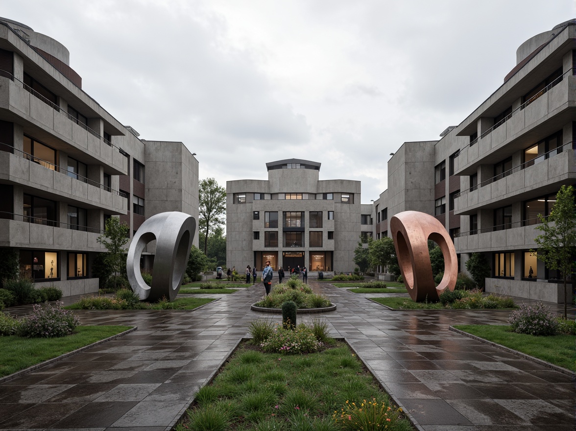 Prompt: Rugged university campus, brutalist architecture, raw concrete facades, fortress-like buildings, geometric shapes, industrial materials, metallic accents, bold color schemes, abstract sculptures, urban landscape, overcast sky, dramatic shadows, high-contrast lighting, 1/1 composition, symmetrical framing, realistic textures, ambient occlusion.