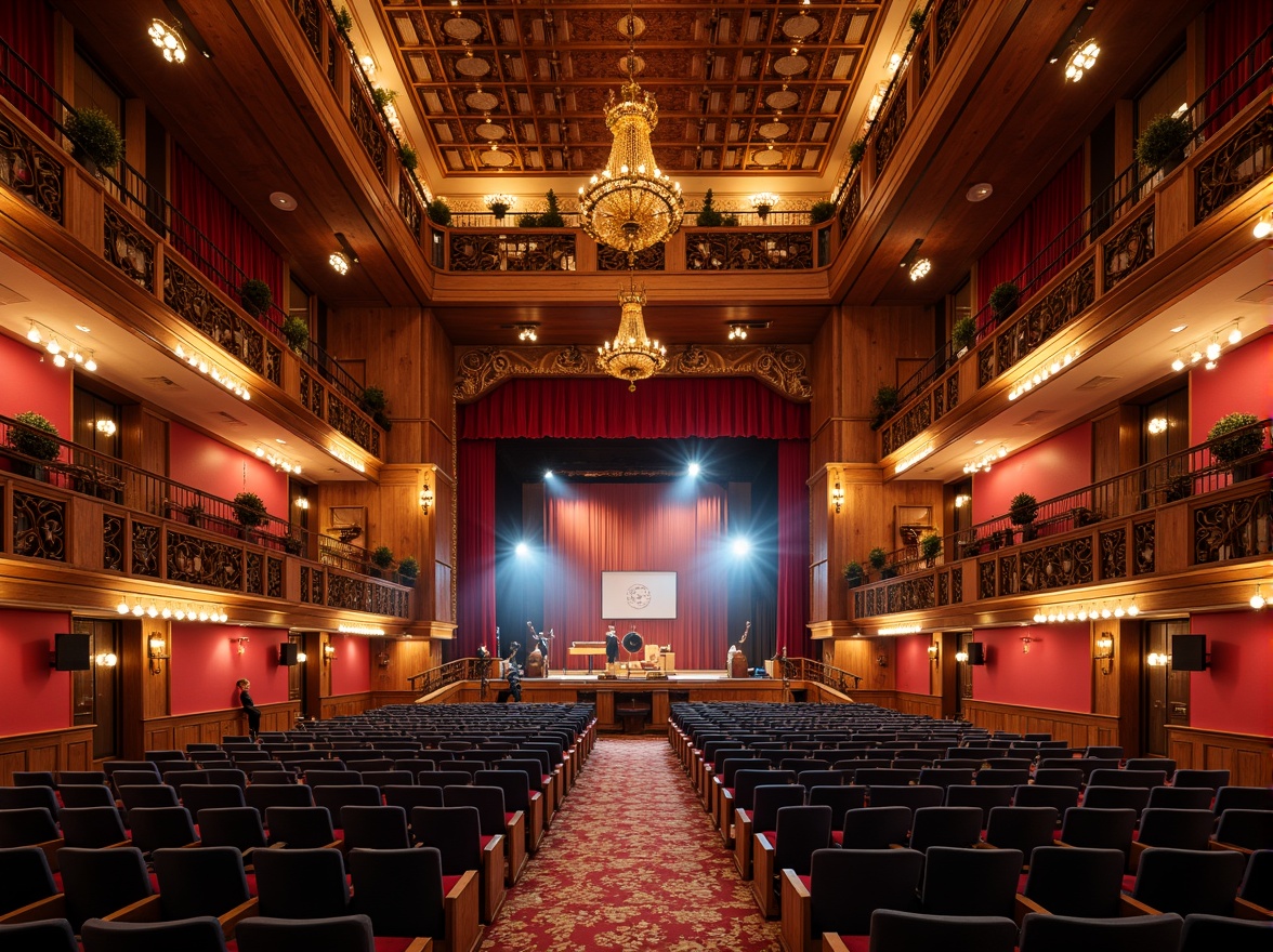 Prompt: Vibrant concert hall, rich wood tones, warm golden lighting, bold red accents, deep blue seats, polished metal fixtures, luxurious velvet curtains, ornate chandeliers, grand staircase, opulent balconies, lavish box seats, dramatic spotlights, soft warm glow, shallow depth of field, 1/1 composition, realistic textures, ambient occlusion.