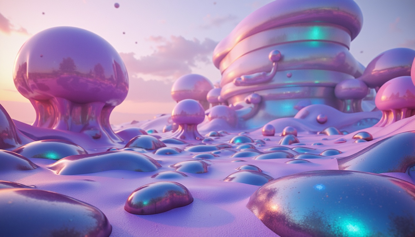 Prompt: Vibrant blob-like structures, iridescent colors, shimmering effects, neon hues, pastel shades, soft gradients, glowing accents, luminescent materials, futuristic ambiance, sci-fi inspired design, abstract shapes, organic forms, fluid dynamics, mesmerizing patterns, holographic textures, prismatic reflections, dreamy atmosphere, ethereal quality, surreal landscapes, otherworldly scenery.