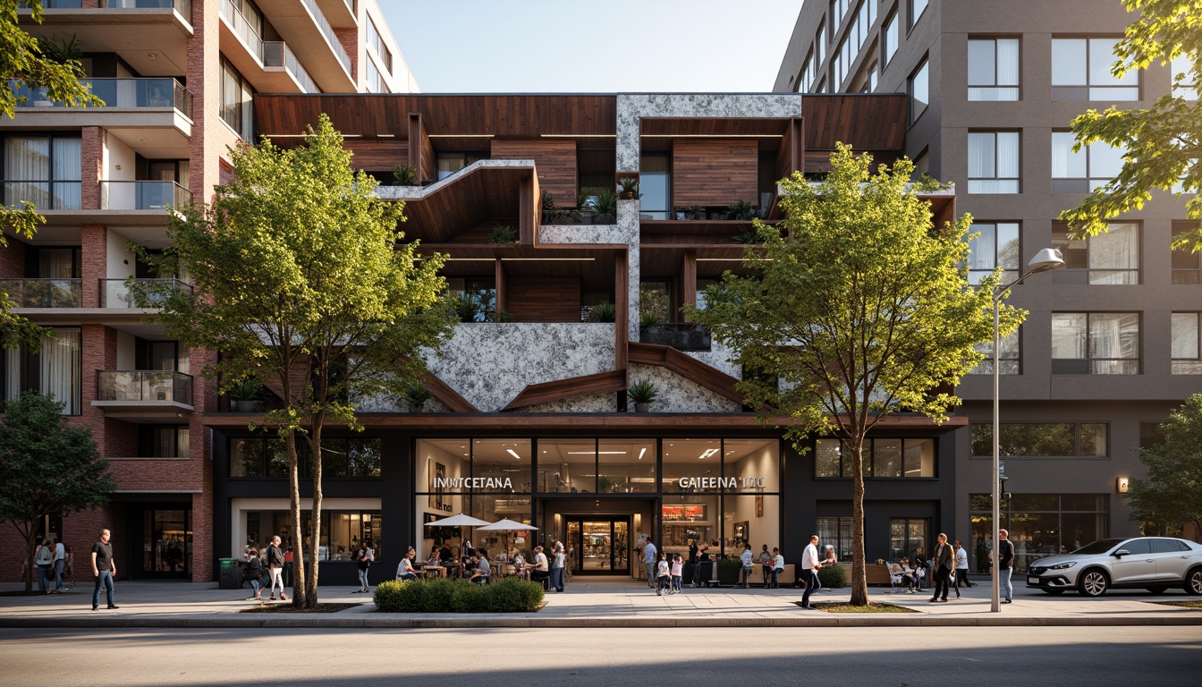 Prompt: Deconstructed coffee shop facade, irregular shapes, fragmented forms, distressed textures, industrial materials, exposed ductwork, metallic accents, reclaimed wood, abstract patterns, bold color contrasts, urban cityscape, busy street scene, morning sunlight, soft warm lighting, shallow depth of field, 1/1 composition, realistic render, ambient occlusion.