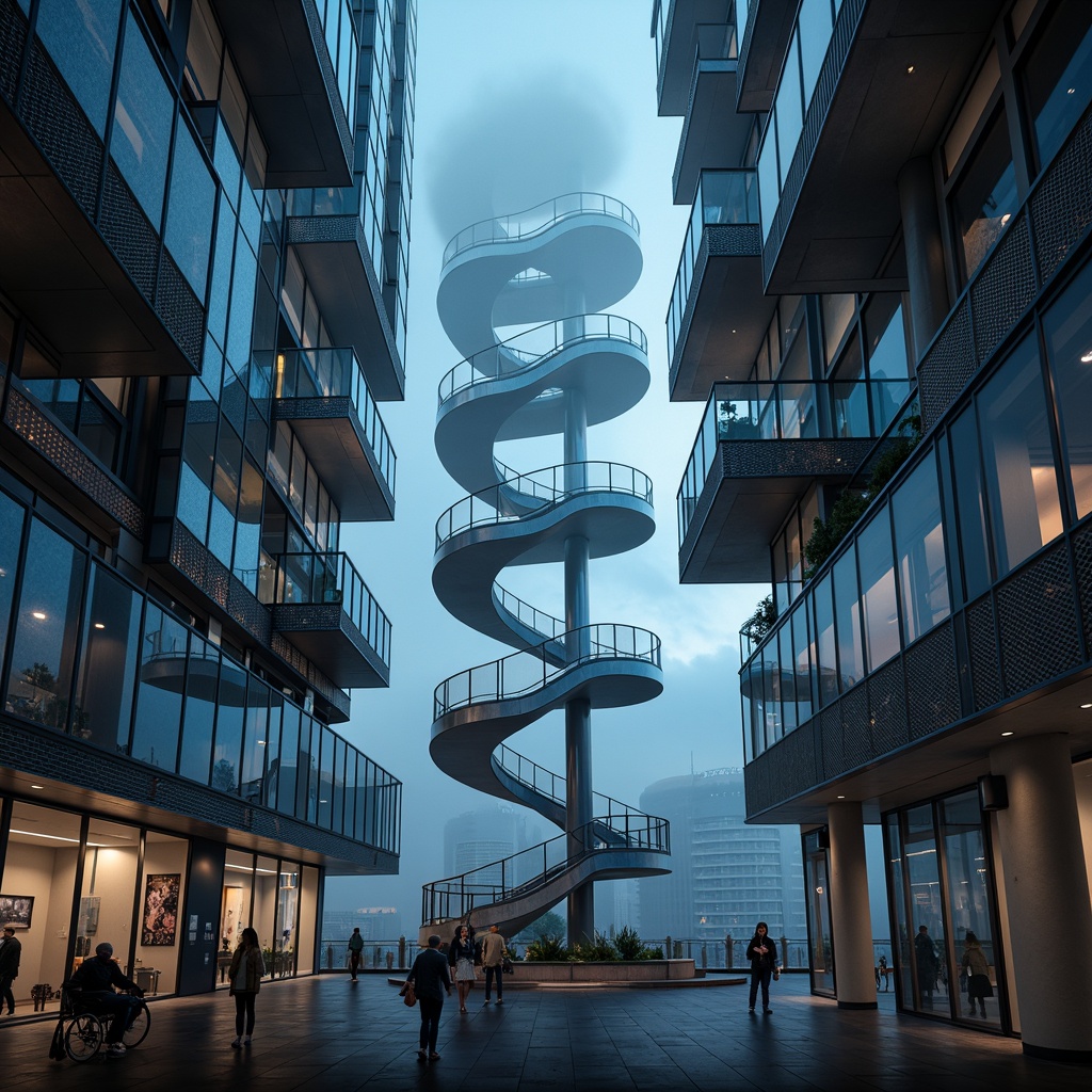 Prompt: Twisting spiral staircase, undulating balconies, flowing curves, futuristic watching tower, sleek metallic surfaces, iridescent glass fa\u00e7ades, shimmering LED lights, celestial observatory, stargazing platform, atmospheric mist, mystical fog, dreamy twilight, soft ethereal glow, 1/1 composition, symmetrical framing, dramatic shadows, cinematic lighting, realistic reflections, ambient occlusion.