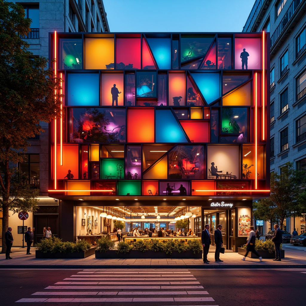 Prompt: Vibrant restaurant facade, expressionist architecture, bold geometric shapes, bright primary colors, abstract patterns, irregular forms, dynamic lighting effects, neon signs, metallic accents, industrial materials, exposed ductwork, urban cityscape, bustling streets, evening atmosphere, warm golden lighting, shallow depth of field, 1/1 composition, dramatic shadows, high-contrast textures.