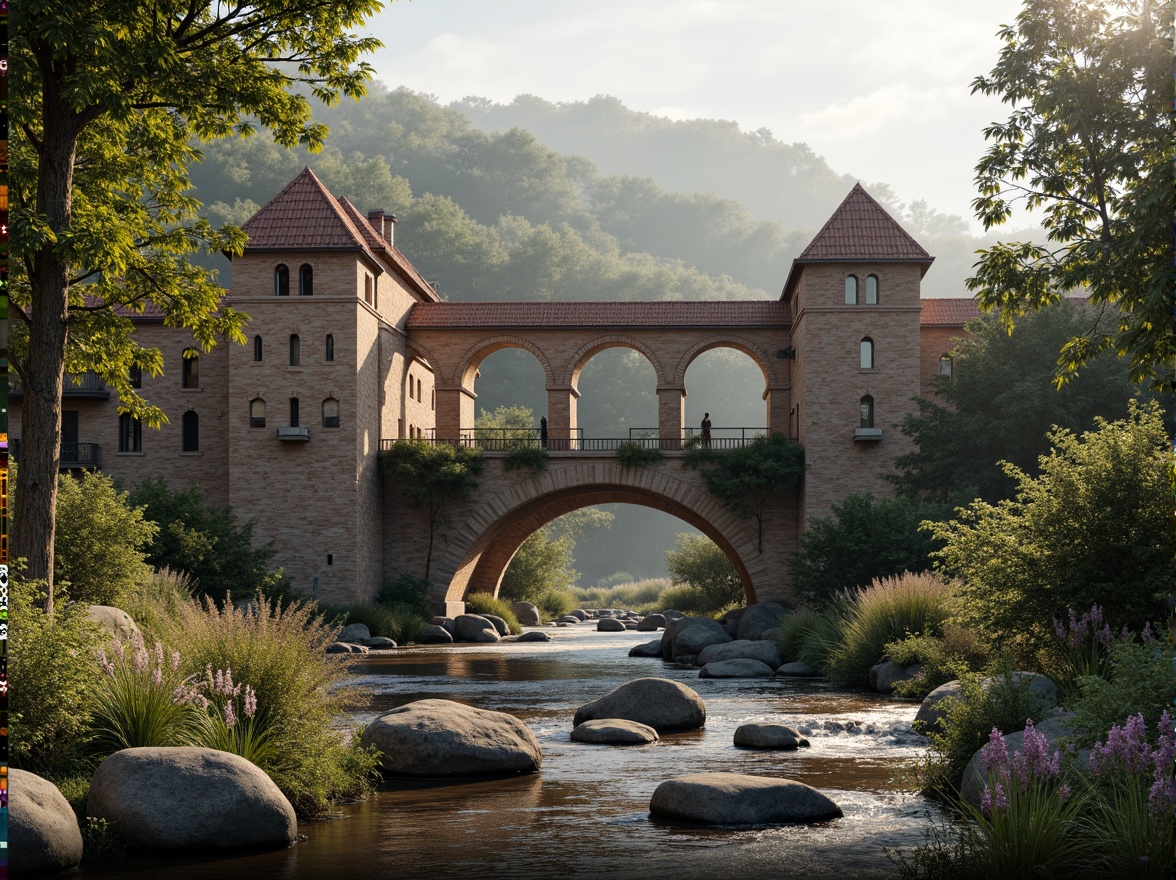 Prompt: Rustic stone bridges, arched structures, robust masonry, weathered brick facades, ornate stonework, sturdy piers, majestic arches, rough-hewn stones, earthy tones, natural textures, dramatic lighting, misty atmosphere, serene water flow, tranquil riverbanks, lush greenery, vibrant wildflowers, warm sunny day, soft diffused light, shallow depth of field, 3/4 composition, realistic stone details, ambient occlusion.