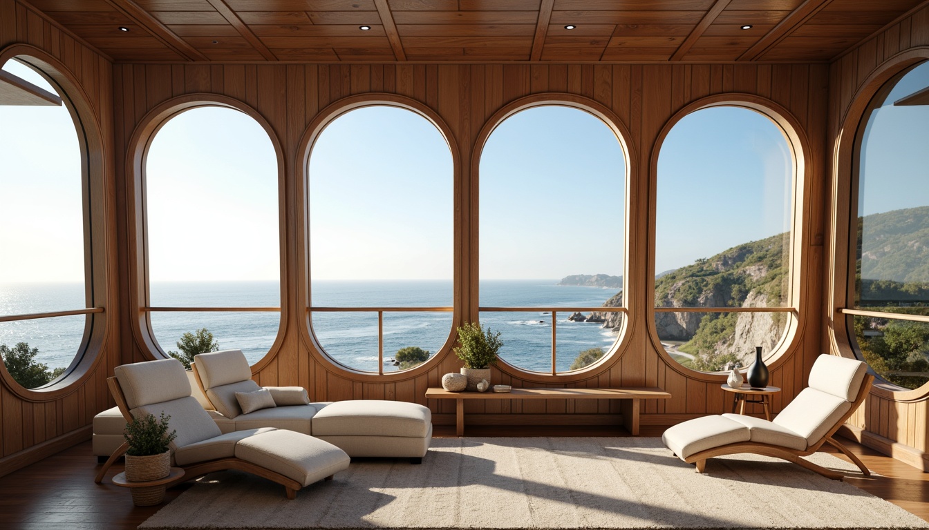 Prompt: Curved window frames, sleek metallic materials, minimalist ornamentation, horizontal emphasis, nautical inspirations, ocean views, sunny day, soft warm lighting, shallow depth of field, 3/4 composition, panoramic view, realistic reflections, ambient occlusion, Art Deco influences, geometric patterns, luxurious textiles, rich wood accents, subtle color palette, harmonious proportions.