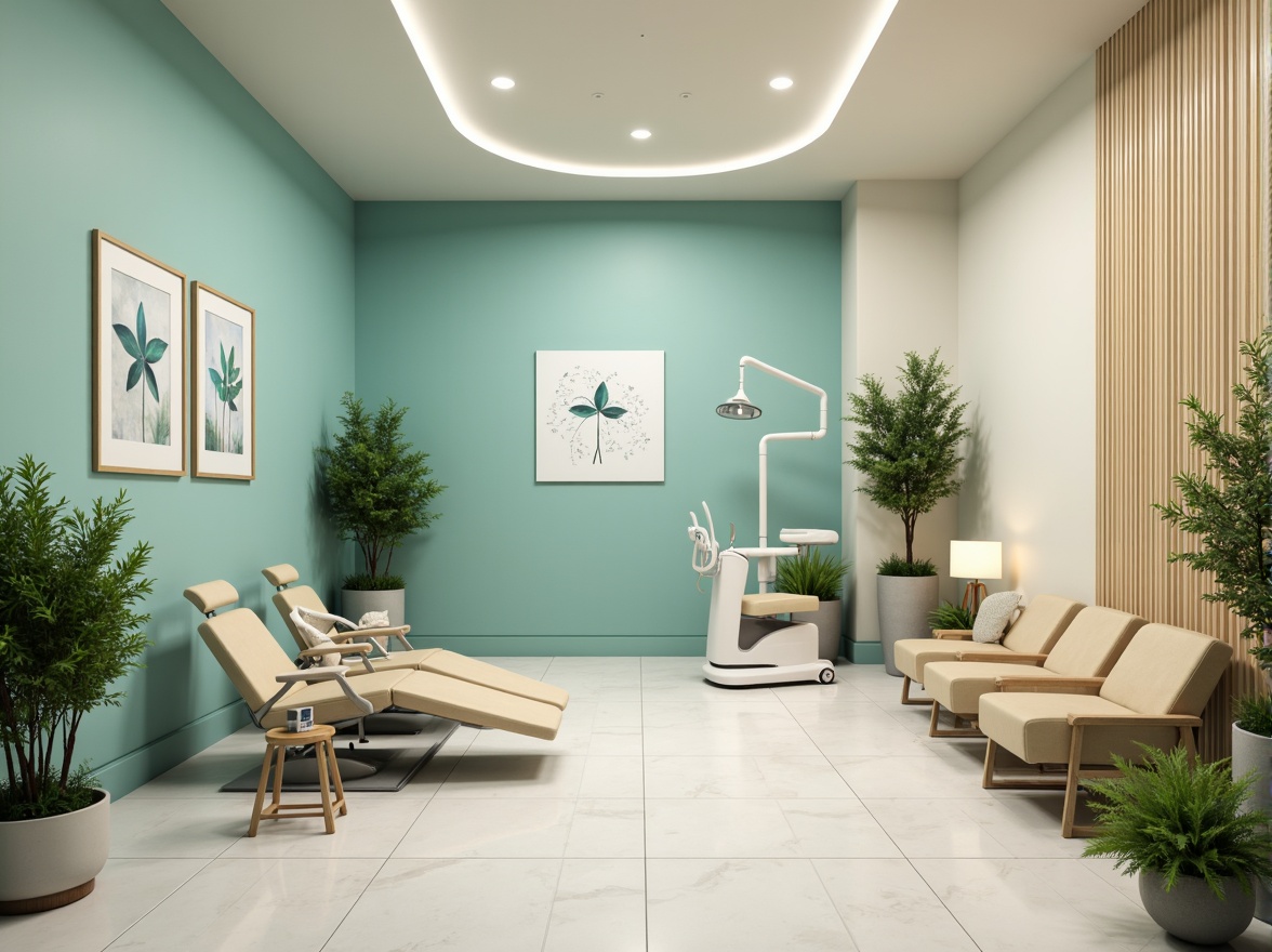 Prompt: Calming dental clinic, soothing blue-green color scheme, creamy whites, warm beige tones, natural wood accents, gentle curves, minimalist decor, modern medical equipment, sleek stainless steel surfaces, comfortable waiting area, lush green plants, soft overhead lighting, shallow depth of field, 1/1 composition, realistic textures, ambient occlusion.