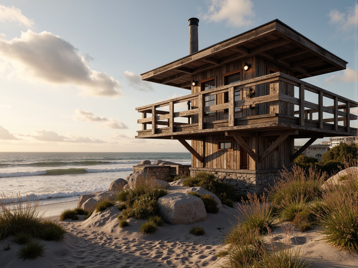 Prompt: Weathered wooden watching tower, driftwood accents, nautical rope details, ocean-inspired color palette, sea-salt air, crashing waves, sandy dunes, beachy grasses, weathered stone foundation, rustic metal fixtures, lantern-style lighting, panoramic ocean views, 1/1 composition, dramatic shadows, warm golden hour lighting, realistic wood textures, ambient ocean sounds.