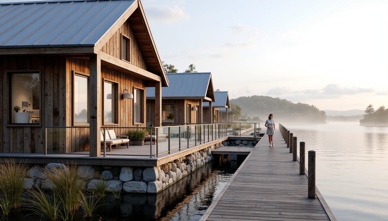 Prompt: Weathered wood accents, rustic metal cladding, nautical rope details, glass railings, wooden dockwalks, sailboat-inspired design, waterfront location, serene lake views, misty morning atmosphere, soft warm lighting, shallow depth of field, 3/4 composition, panoramic view, realistic textures, ambient occlusion, natural stone foundations, reclaimed wood siding, corrugated metal roofs, marine-grade materials, ocean-inspired color palette, driftwood grey tones, sea-salt white hues.