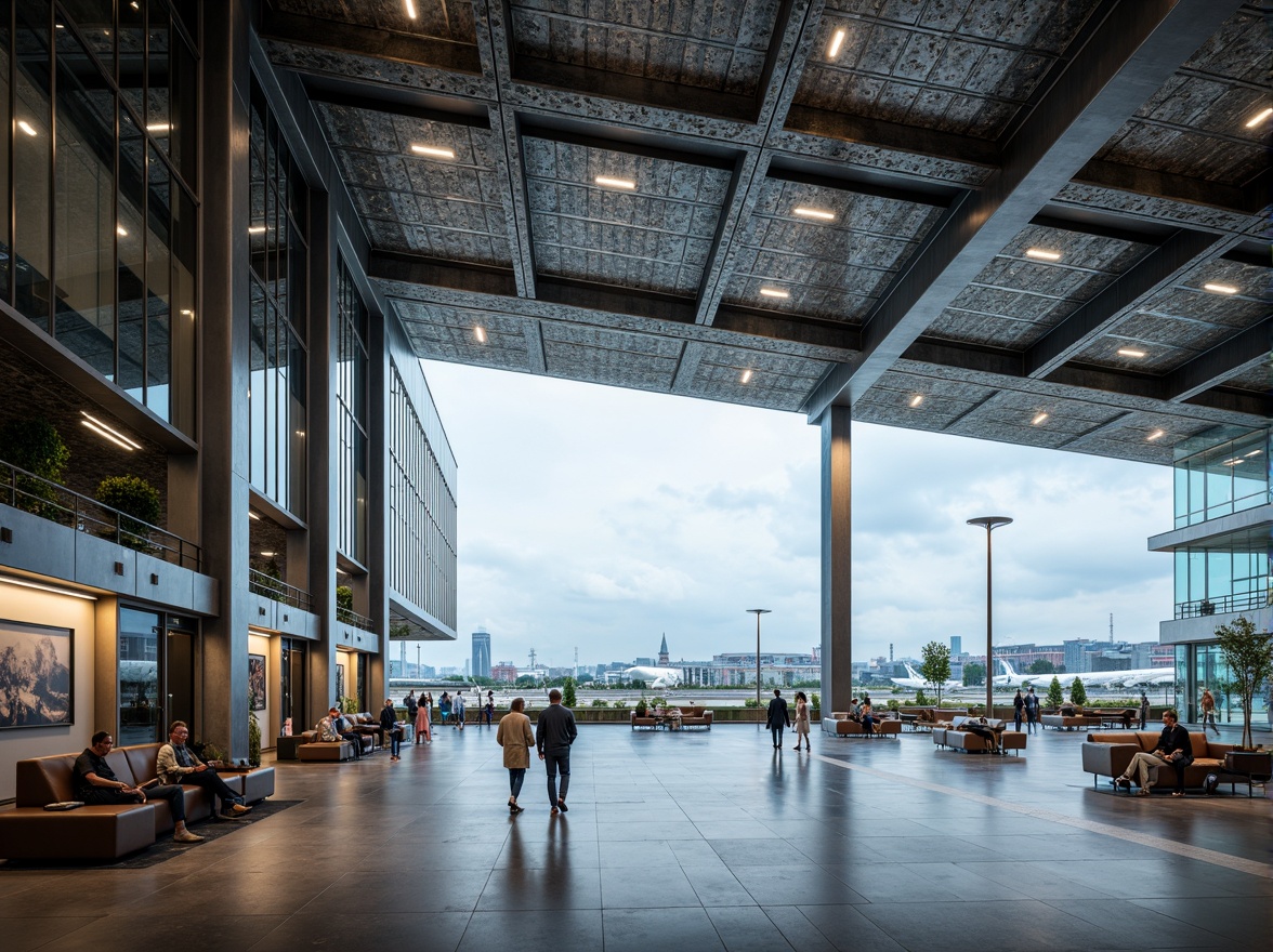 Prompt: Aerodynamic airport terminal, metallic latticework fa\u00e7ade, polished steel columns, exposed ductwork, industrial concrete floors, minimalist seating areas, futuristic LED lighting, dynamic angular lines, brutalist architecture, urban cityscape views, cloudy skies, soft diffused natural light, shallow depth of field, 1/1 composition, realistic reflective surfaces, ambient occlusion.