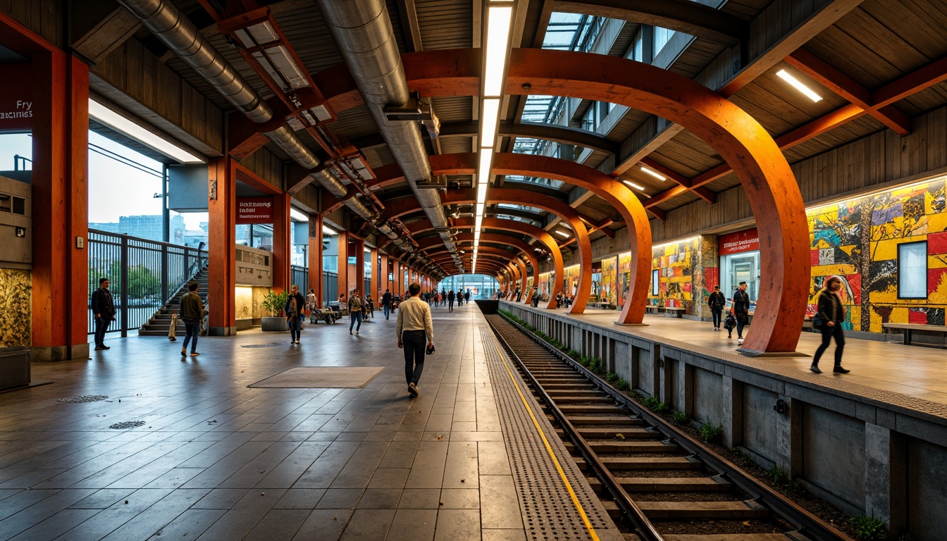 Prompt: Vibrant metro station, eclectic mix of materials, industrial steel beams, polished concrete floors, reclaimed wood accents, colorful ceramic tiles, ornate metalwork, intricate mosaics, futuristic LED lighting, dynamic curves, angular lines, brutalist architecture, urban jungle atmosphere, rush hour crowds, warm golden lighting, shallow depth of field, 1/1 composition, realistic textures, ambient occlusion.