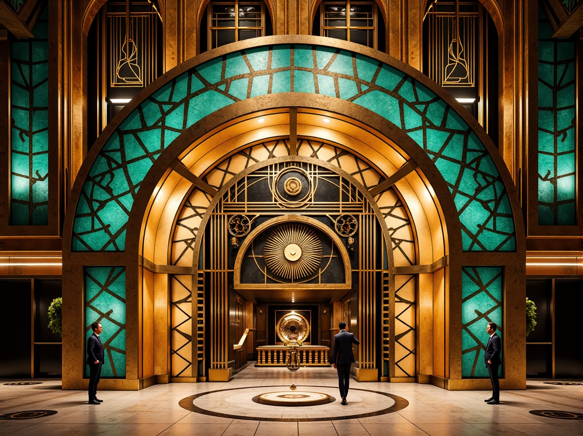 Prompt: Opulent Art Deco monument, lavish golden accents, rich bronze tones, vibrant turquoise mosaics, geometric patterns, ornate metalwork, luxurious marble surfaces, bold black outlines, stylized floral motifs, sunburst designs, zigzag patterns, metallic sheen, warm ambient lighting, shallow depth of field, 1/1 composition, symmetrical framing, high-contrast colors, intricate textures, realistic reflections.