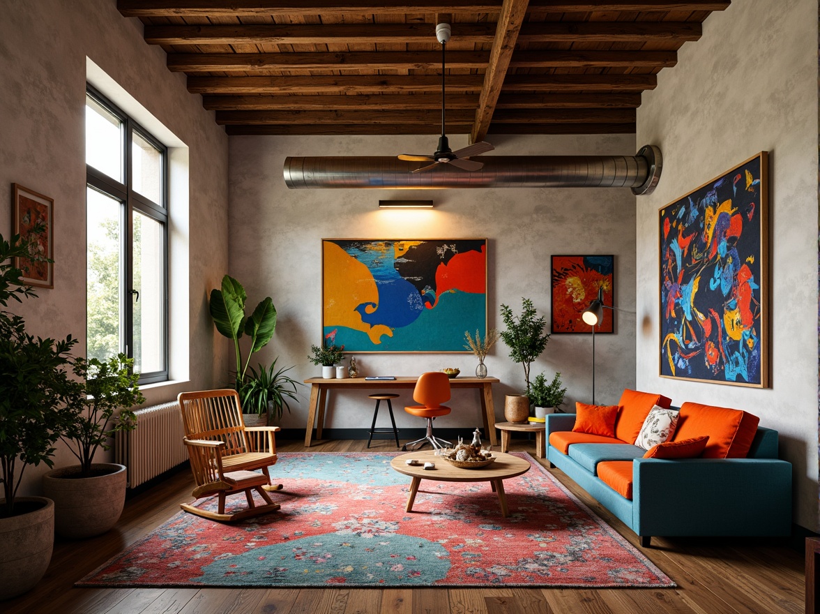 Prompt: Vibrant artistic studio, eclectic furniture, bold color blocking, contrasting textures, abstract artwork, statement lighting fixtures, industrial metal accents, reclaimed wood floors, bohemian-inspired rugs, natural stone walls, oversized windows, soft warm glow, shallow depth of field, 1/1 composition, realistic renderings, ambient occlusion.