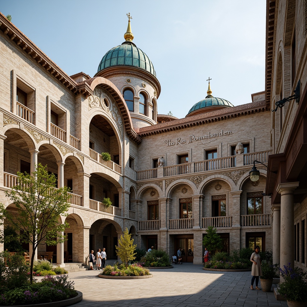 Prompt: Intricate stone carvings, ornate domes, grand archways, vibrant mosaics, golden accents, rustic terracotta tiles, curved rooflines, ornamental finials, weathered copper cladding, aged brick facades, Byzantine-inspired ornaments, lush greenery, serene courtyard, warm afternoon light, soft shadows, 1/1 composition, realistic textures, ambient occlusion.