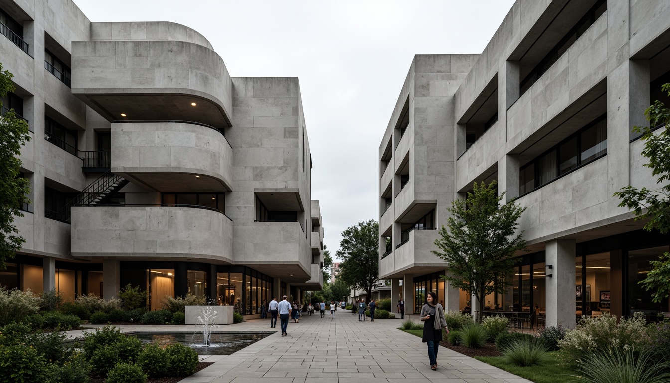 Prompt: Rugged concrete buildings, fortress-like structures, brutalist architecture, raw unfinished surfaces, exposed ductwork, industrial-style lighting, steel beams, reinforced columns, geometric shapes, angular lines, monumental staircases, cantilevered roofs, dramatic shadows, high-contrast textures, bold color schemes, urban campus setting, dense foliage, mature trees, paved walkways, modern sculptures, abstract art installations, overcast skies, diffused natural light, 1/2 composition, symmetrical framing.