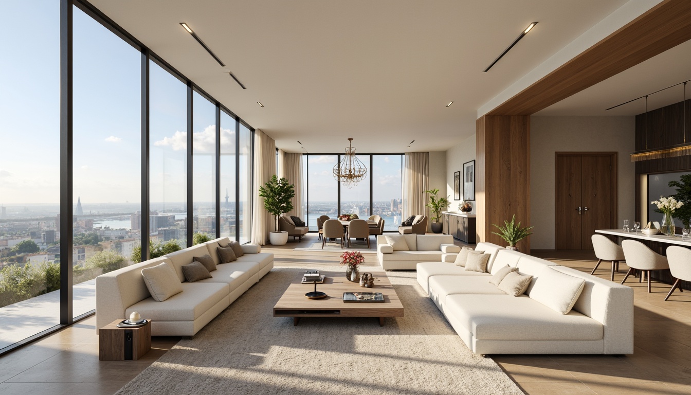 Prompt: Luxurious penthouse, modern minimalist decor, neutral color scheme, creamy whites, rich woods, metallic accents, floor-to-ceiling windows, breathtaking city views, sleek lines, sophisticated ambiance, warm beige tones, soft gray hues, bold accent walls, lavish furnishings, opulent chandeliers, panoramic skyline, dramatic lighting, shallow depth of field, 1/1 composition, realistic textures, ambient occlusion.