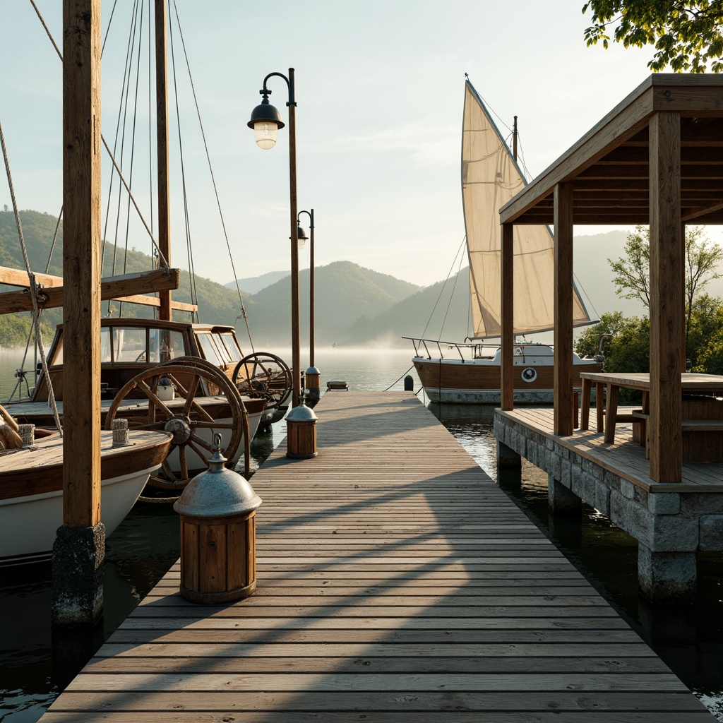 Prompt: Weathered wooden docks, rustic nautical ropes, vintage boat wheels, distressed metal lanterns, soft misty mornings, serene lake reflections, natural stone foundations, earthy brown wood accents, sky blue water hues, creamy white sailcloth textures, warm golden lighting, shallow depth of field, 1/1 composition, realistic wood grain details, ambient occlusion.