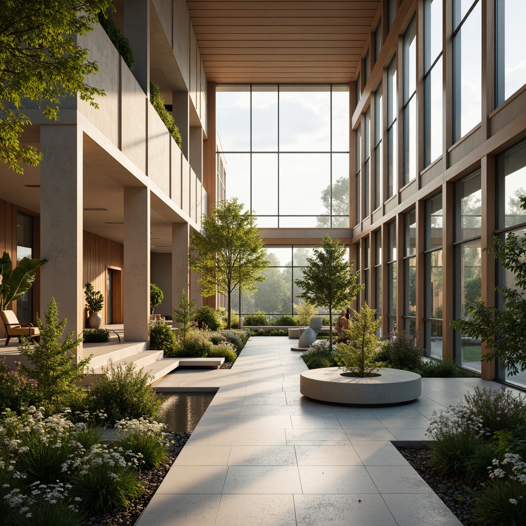 Prompt: Calming hospital interior, soft warm lighting, large windows, transparent glass walls, natural stone floors, wooden accents, soothing color palette, gentle curves, minimalist decor, peaceful ambiance, abundant greenery, lush plants, blooming flowers, serene water features, subtle shading, 1/1 composition, shallow depth of field, realistic textures, ambient occlusion.