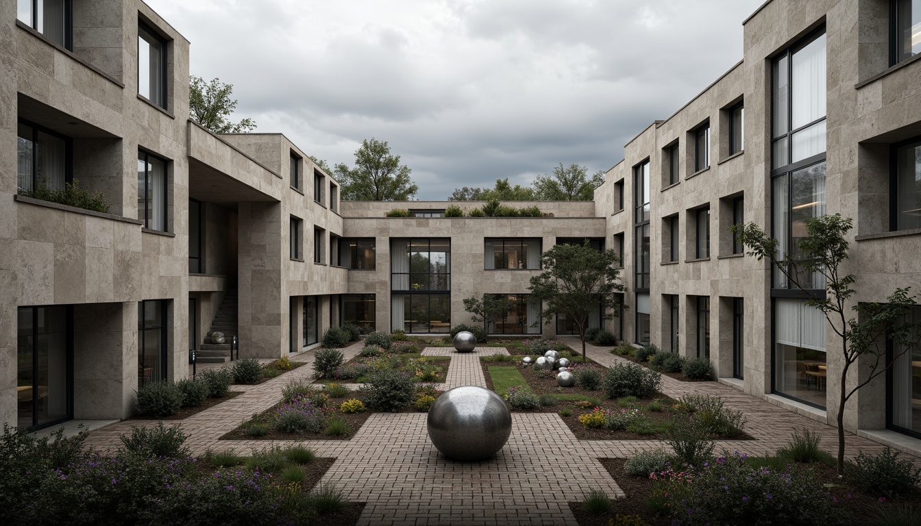 Prompt: Rugged university campus, brutalist architecture, raw concrete facades, fortress-like buildings, geometric shapes, industrial materials, metallic accents, bold color schemes, abstract sculptures, urban landscape, overcast sky, dramatic shadows, high-contrast lighting, 1/1 composition, symmetrical framing, realistic textures, ambient occlusion.