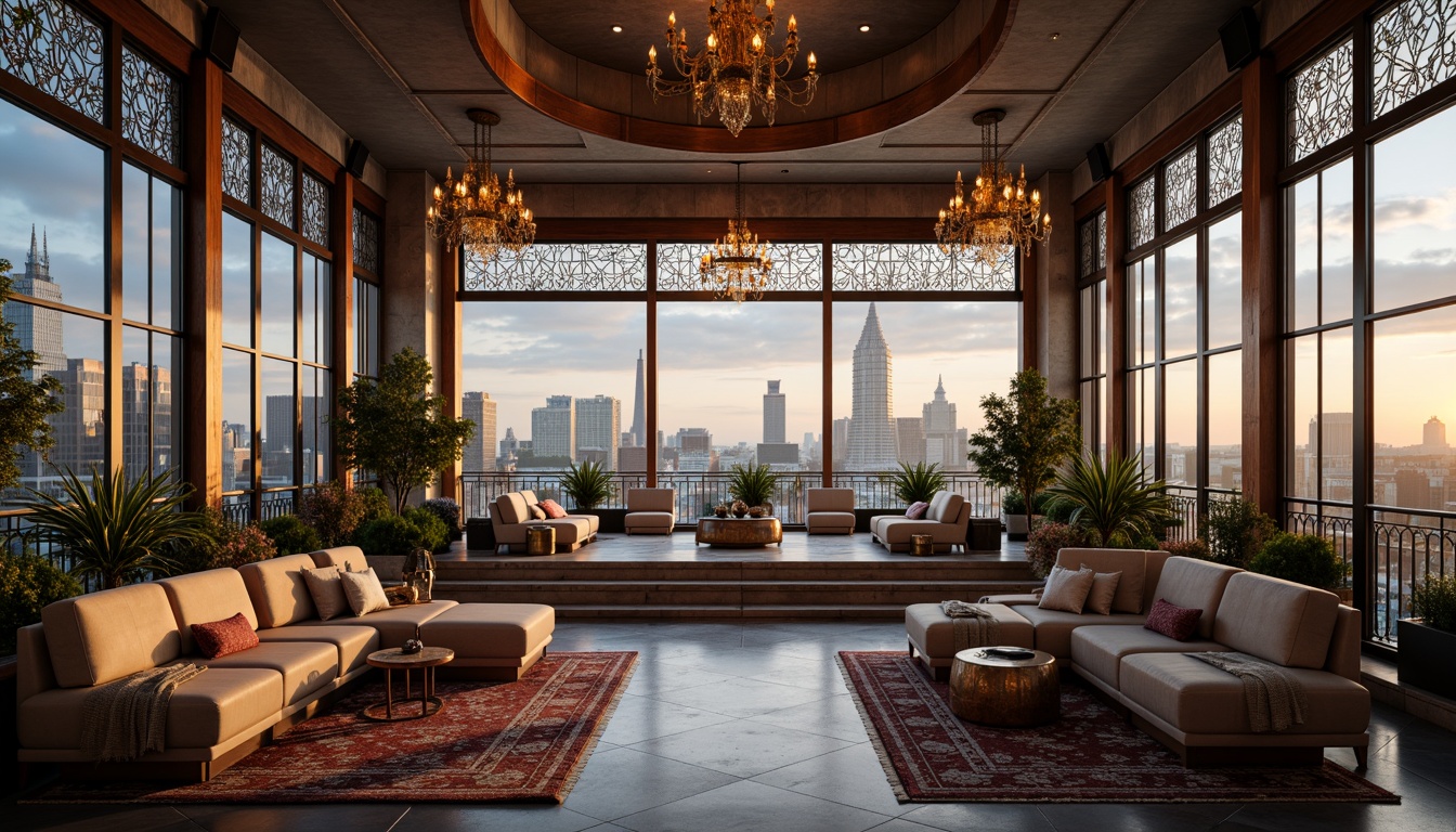 Prompt: Luxurious penthouse, curved lines, flowing organic forms, ornate metalwork, stained glass windows, grand chandeliers, marble floors, intricate wood carvings, velvet drapes, lavish furnishings, opulent textiles, golden accents, soft warm lighting, shallow depth of field, 1/1 composition, panoramic view, realistic reflections, ambient occlusion, urban cityscape, bustling streets, modern skyscrapers, cloudy sky, dramatic sunsets.