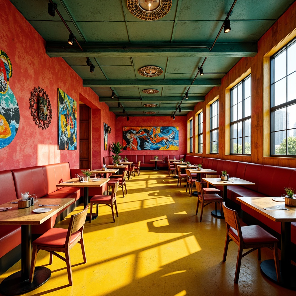 Prompt: Vibrant restaurant interior, expressionist art style, bold color palette, warm golden lighting, rich wood accents, eclectic furniture, abstract artwork, geometric patterns, bright coral walls, deep turquoise ceilings, sunny yellow floors, distressed metal decorations, reclaimed wood textures, industrial chic atmosphere, dramatic shadows, high contrast ratio, 1/2 composition, cinematic lighting, realistic reflections.